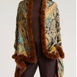 Paisley Wrap Scarf with Faux Fur Trim La Fiorentina  New w/tags